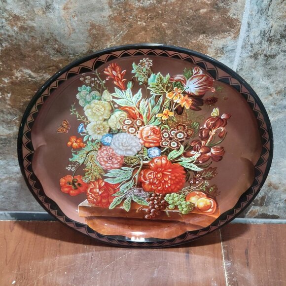 Vintage Daher Round Metal Serving Tray Floral Fruit Design - Picture 3 of 10